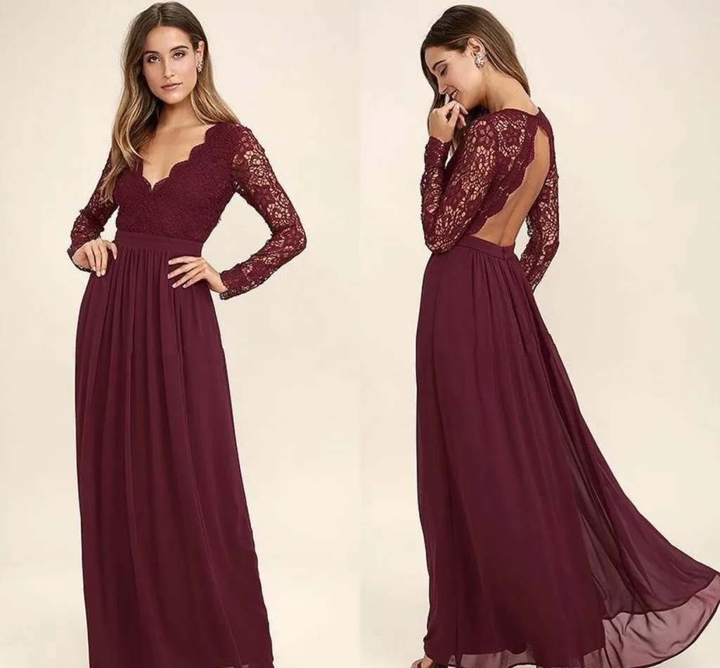 Chic Bordo Dantel Gelinlik Modelleri 2021 V Boyun Uzun Kollu Backless Hizmetçi Onur Abiye Chiffon Bir Çizgi Düğün Misafir Balo Elbise AL8546