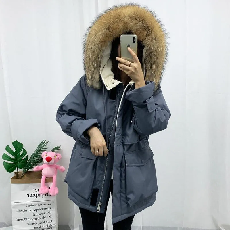 Parka in piumino da donna FTLZZ Giacca invernale da donna con cappuccio in vera pelliccia Giacca da anatra bianca da neve Cappotto caldo spesso Cappotto impermeabile