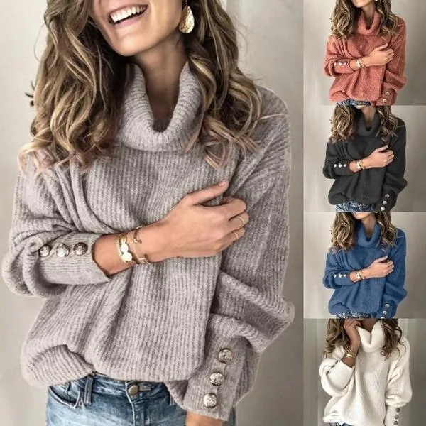 Dames Sweaters Zogaa Winter Pullover Trui Dames Gebreide Tops Button Plus Size Casual Lange Mouw Pull Dames Turtleneck Pullovers