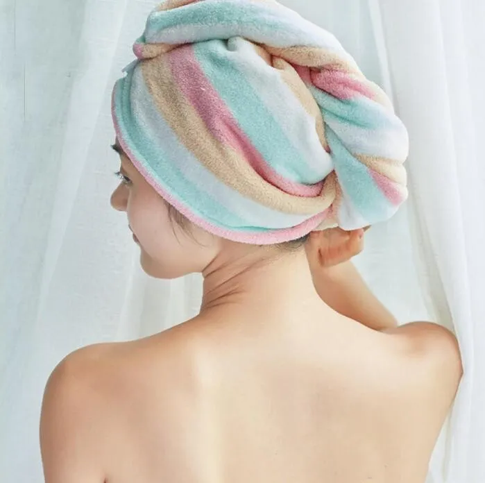 Women Towels Bathroom Microfiber Towel Colorful Stripe Hair Towels For Adults Drying Turban Wrap Hat Spa Bathing Caps YL155