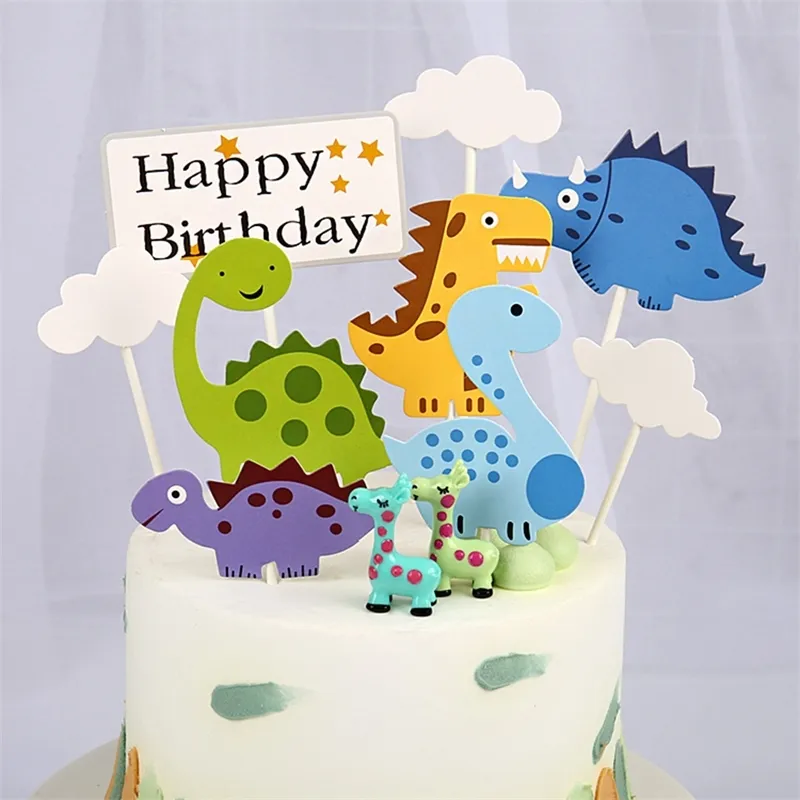 1 Zestaw Happy Birthday Cake Topper Cartoon Cloud Dinozaur Ciasto Dekorowanie Topper Cupcake Toppers Jedzenie Picks Kids Party Decoration Y200618