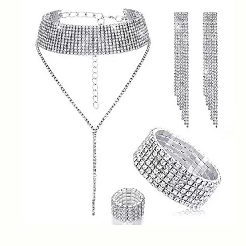 4pcs mode ketting vol diamant klauw ketting armband ring oorbellen choker