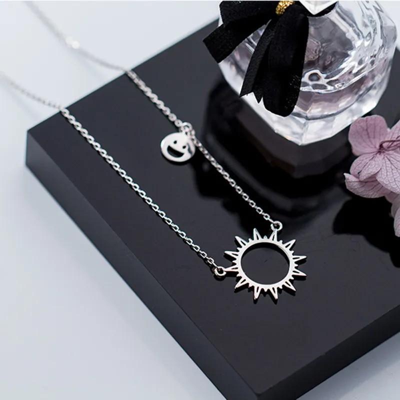 Sun Necklace 925 Silver Choker Kolye Charm Minimalism Smile Pendants Vintage Boho Bijoux Femme Collier Necklace Women Jewelry Q0531