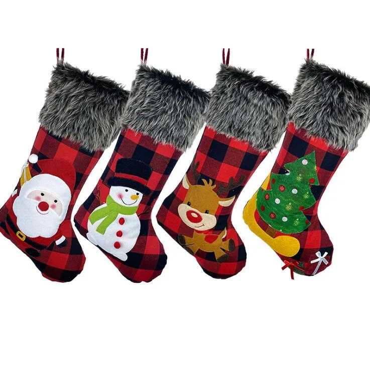 Plaid Christmas Kousen Big Size 18 "Classic Red Balck Plaid Christmas Christmor Santa Snowman Rendieren Kerstmis Karakter voor feestdecoratie