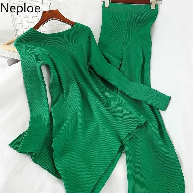 Neploe Knitted 2 Piece Set Women Solid O Neck Long Sleeve Irregular Tops+ Stretch High Waist Pants Fashion Suits 1B183 211221