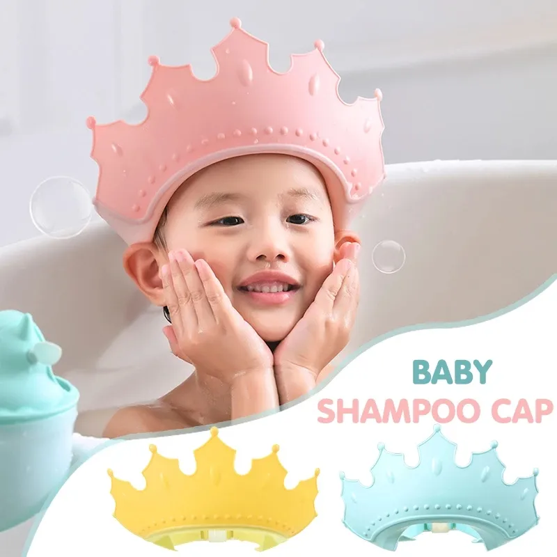 Cuffia per shampoo per bambini Corona Cuffia per doccia per bambini Misura regolabile Visiera da bagno per cartoni animati Protezione per capelli infantile Protezione per le orecchie Impermeabile