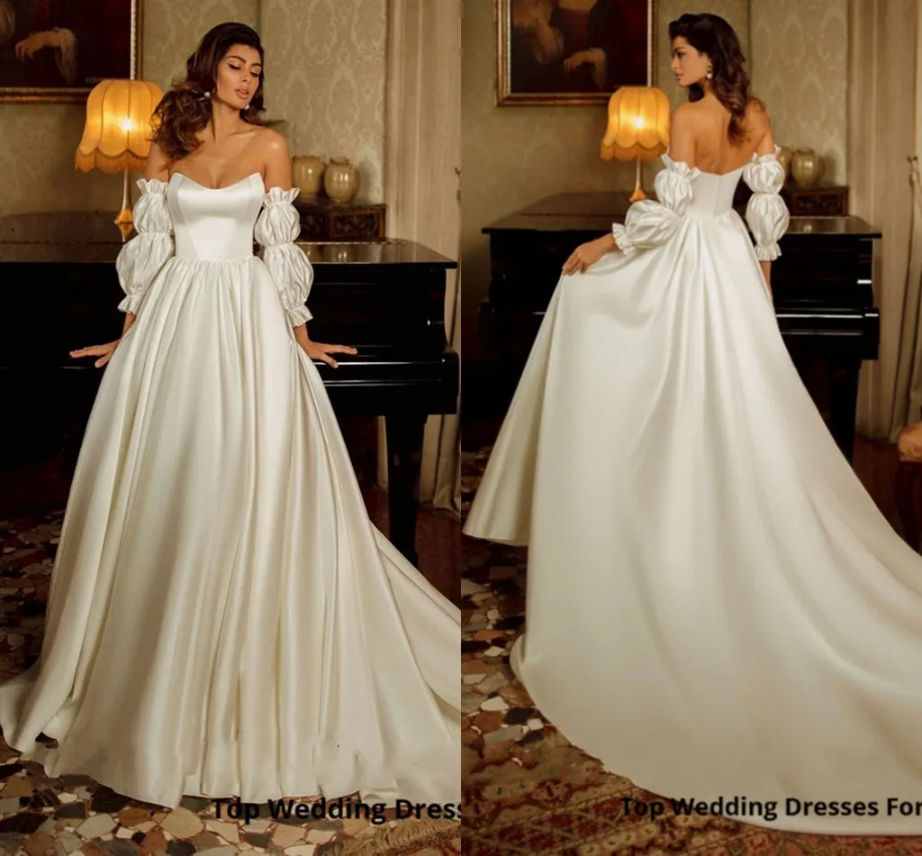 Vestidos De Noiva Satin Wedding Dresses 2021 with Remove Long Puffy Sleeve Bridal Gowns Simple Princess Party Long Train Plus Size