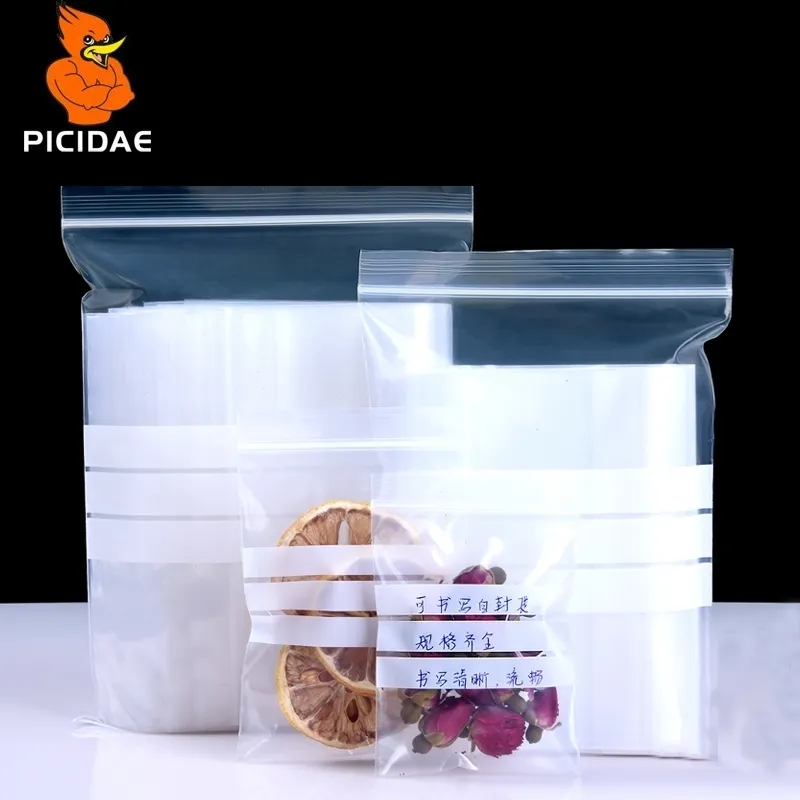 Skrivbar Ziplock Reseal Transparent Plastficka Förseglad Väska Mat Förpackning Tea Storage Spicesseasoning Medicine Prov Parts 201022