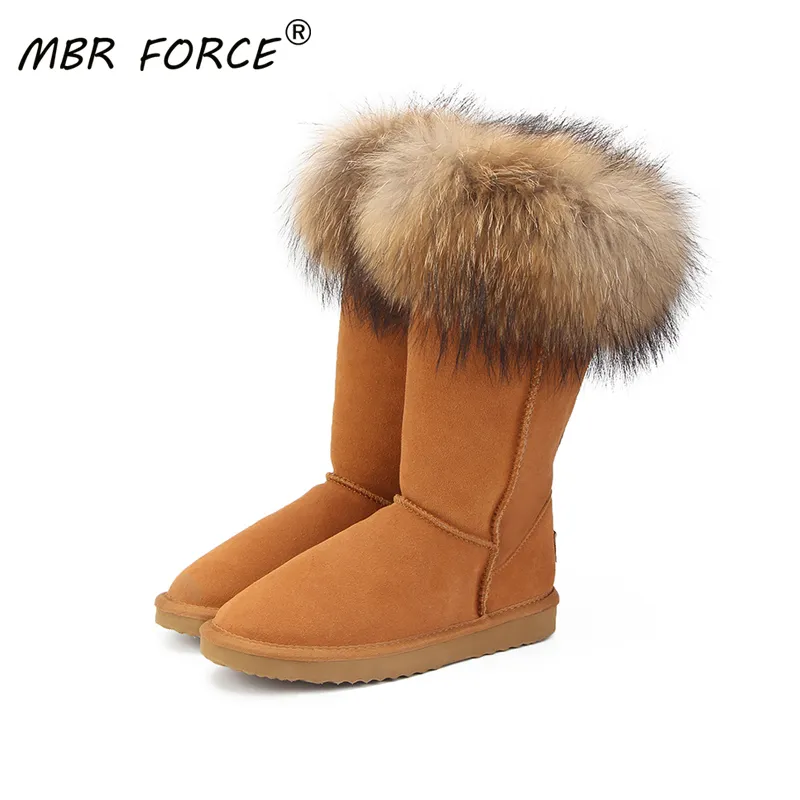 MBR FORCE Natural Real Fox Fur Women's Winter Snow Boots Warm Long Boots Genuine Cow Leather High Winter Boots Women Shoes LJ201130