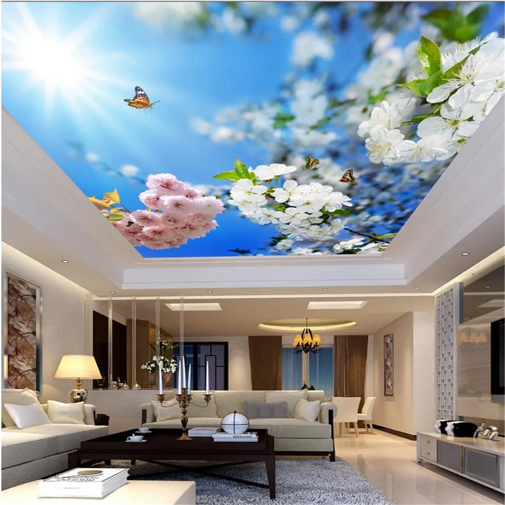 Beautiful Blue Sky Ceiling Wallpaper with Sunshine and Flower