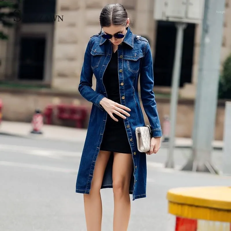 Femmes Trench Coats Femmes Automne Longueur Moyenne Denim Manteau À Manches Longues Vintage Casual Femme Jeans Coupe-Vent Crayon Robe Avec Ceinture Overco