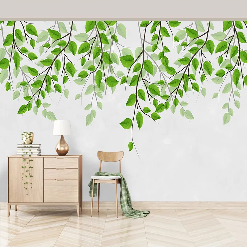 Mural grande de hojas verdes personalizado, diseño Interior minimalista moderno, sala de estar, dormitorio, fondo de noche, pintura de pared, papel tapiz