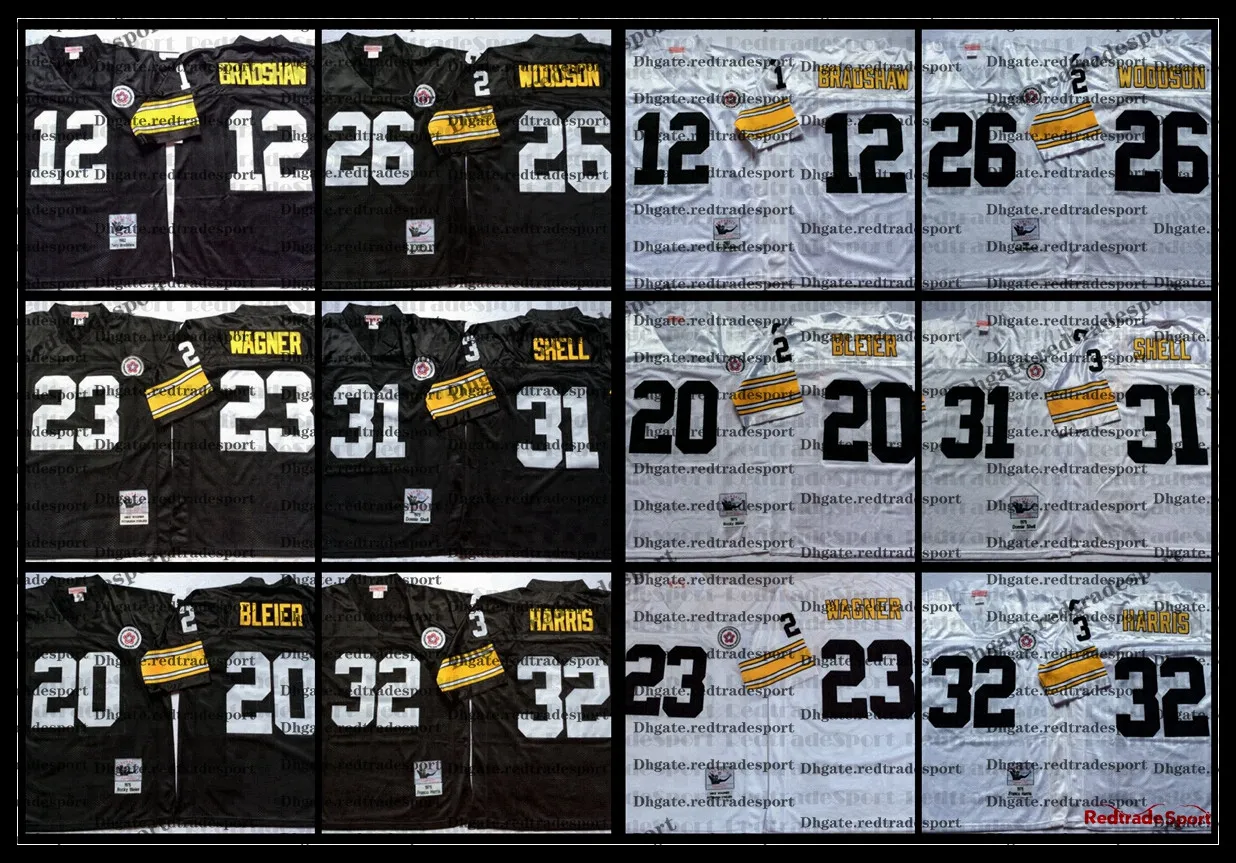 Vintage 12 Terry Bradshaw 20 Rocky Bleier Maglie da calcio 23 Mike Wagner Rod Woodson Donnie Shell Franco Harris Jersey Ricamo Camicie nere cucite