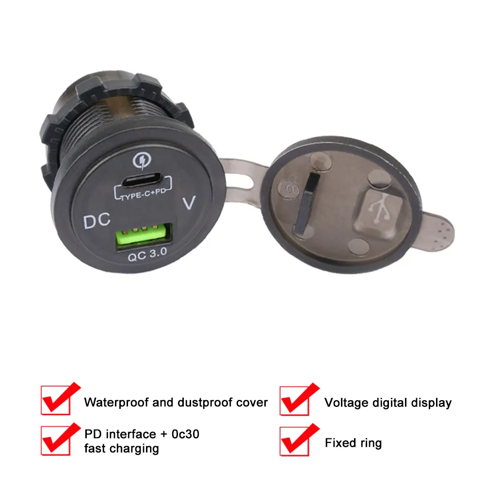Presa USB 12V/24V 108W Caricabatteria da auto a 3 porte Doppio caricatore USB 45W PD tipo C e 18W QC 3.0 per adattatore di ricarica presa moto  34