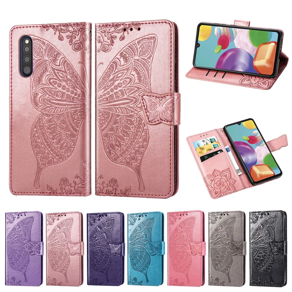 Wallet Phone Case for Samsung Galaxy A41 Dustproof PU Leather Flower Butterfly with Magnetic Buckle Hand Strap Card Slots (Model: A41)