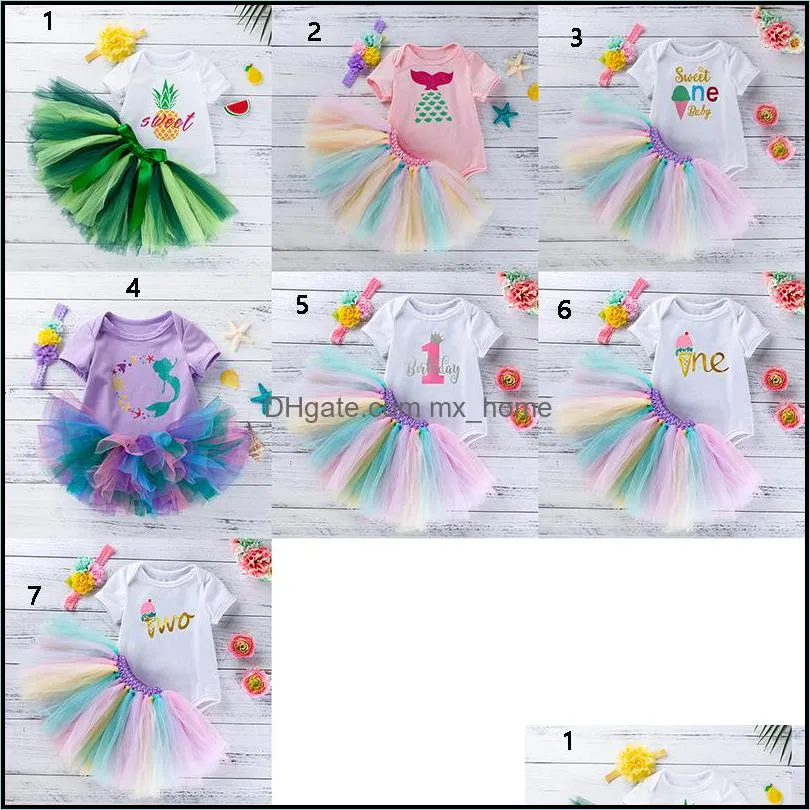 kids Clothing Sets girls outfits infant Mermaid pineapple ice cream print romper Tops+lace Net yarn Rainbow skirts+Headband 3pcs/set summer baby Clothes
