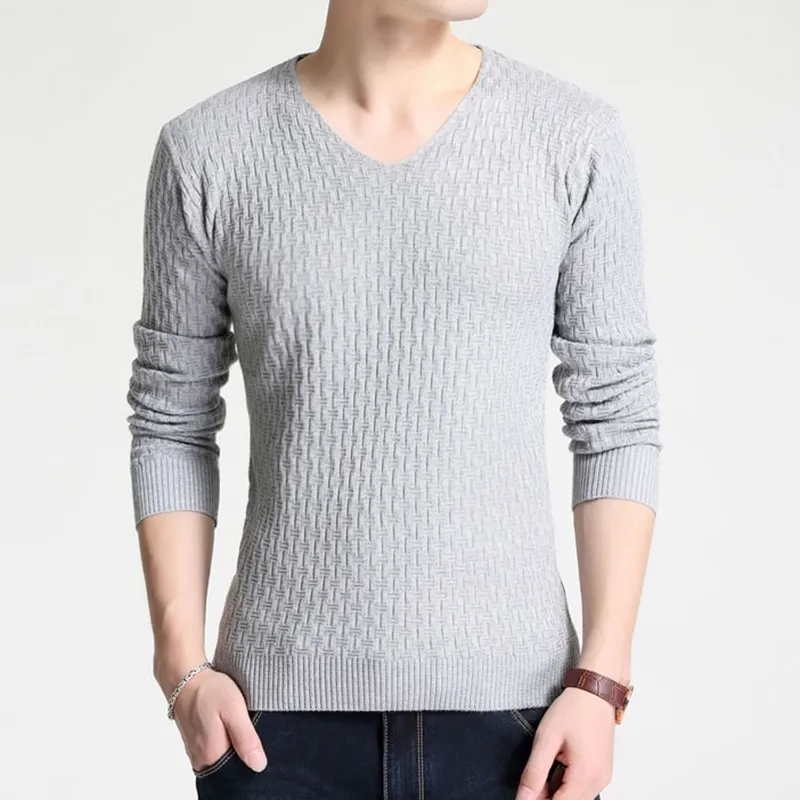 Aksr мужской большой размер V шеи свитер сплошной цвет шерсти кашемировый теплый пуловер джемпер мужчин вязаный свитер Slim Fit Pull Homme 201026