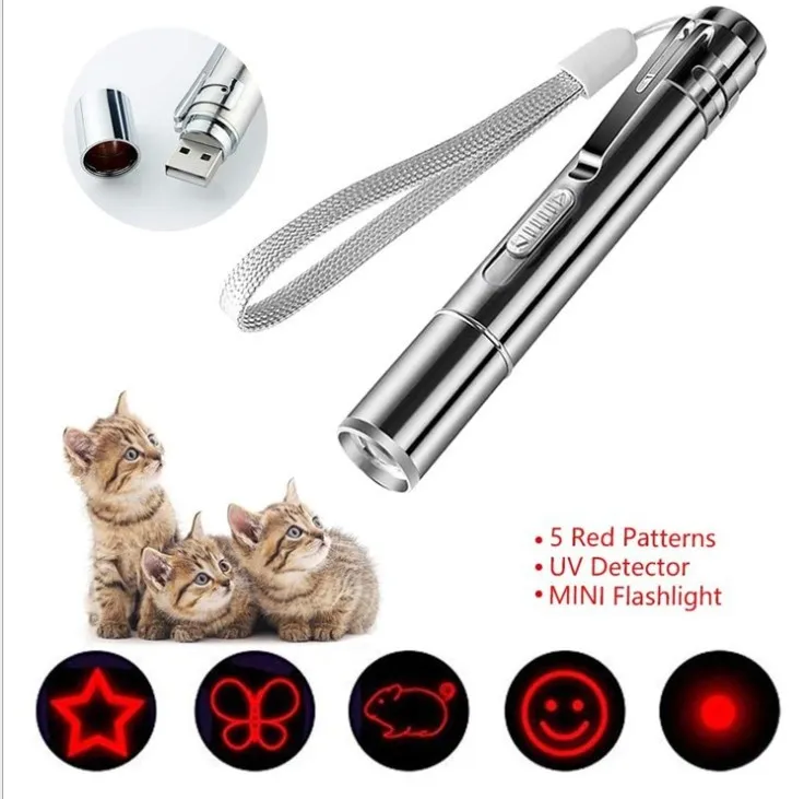 USB Laser Light LED Pen Cat Toys ze stali nierdzewnej mini ładowane laserowe multi-wzorę 3 w 1 trening dla zwierząt domowych