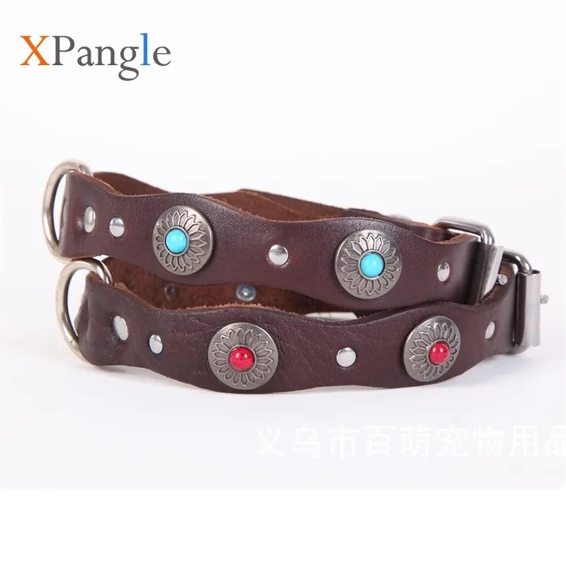Xpangle Dog Collar Cohide高品質犬のアクセサリージュエリー本革のための宝石類の革Photurs Pet Sollars Pet Supplies LJ201109
