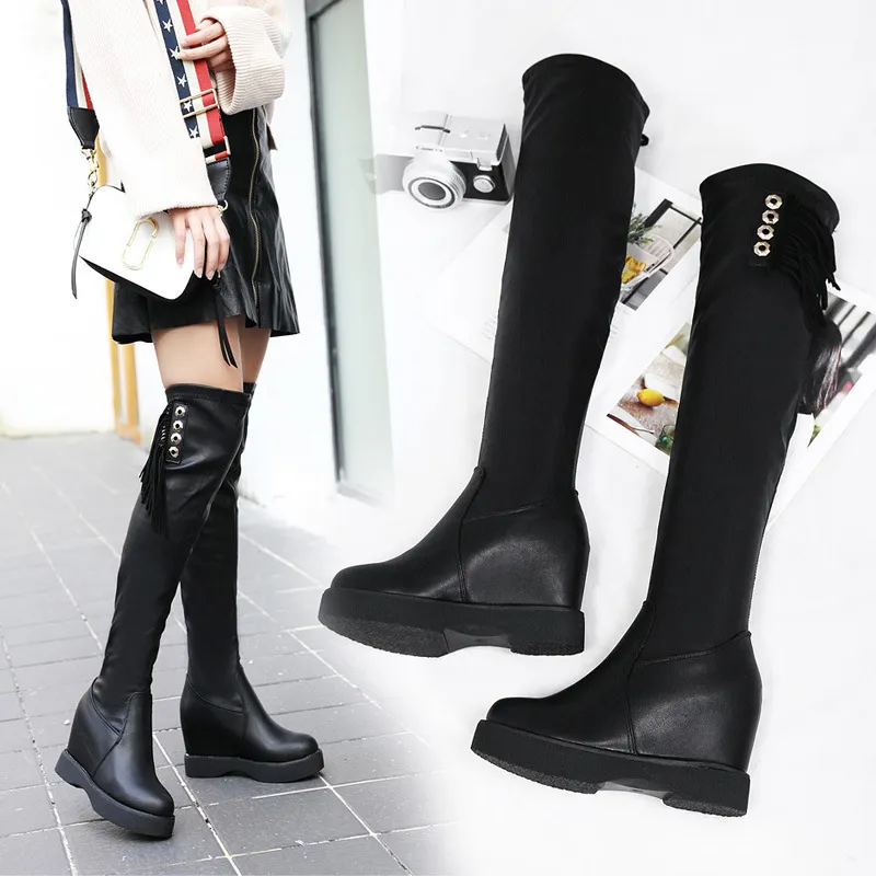 SWYIVY Woman Snow Boots Platform Thick Fur Warm Winter Shoes Woman Over The Knee High Wedge Lady Boots Shoes Lacing Up Stregth