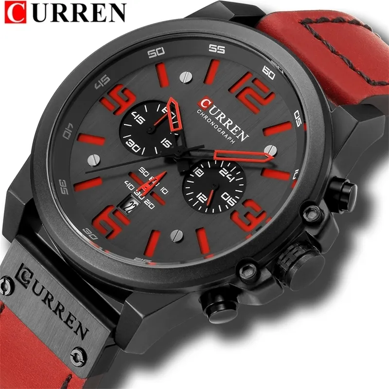 RELOJ HOMBRE CASTALY QUARTZ WATTSES for Men Curren Fashion Red Leather Sports Men Wristwatch Chronograph Male Watch LJ201119