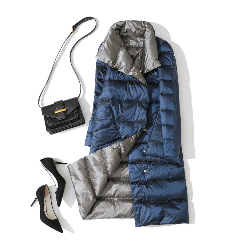 Gizmosy Femmes Double Face Vers Le Bas Veste D'hiver Col Roulé Blanc Duvet De Canard Manteau Double Boutonnage Chaud Rembourré Parkas Neige Long manteau 201103