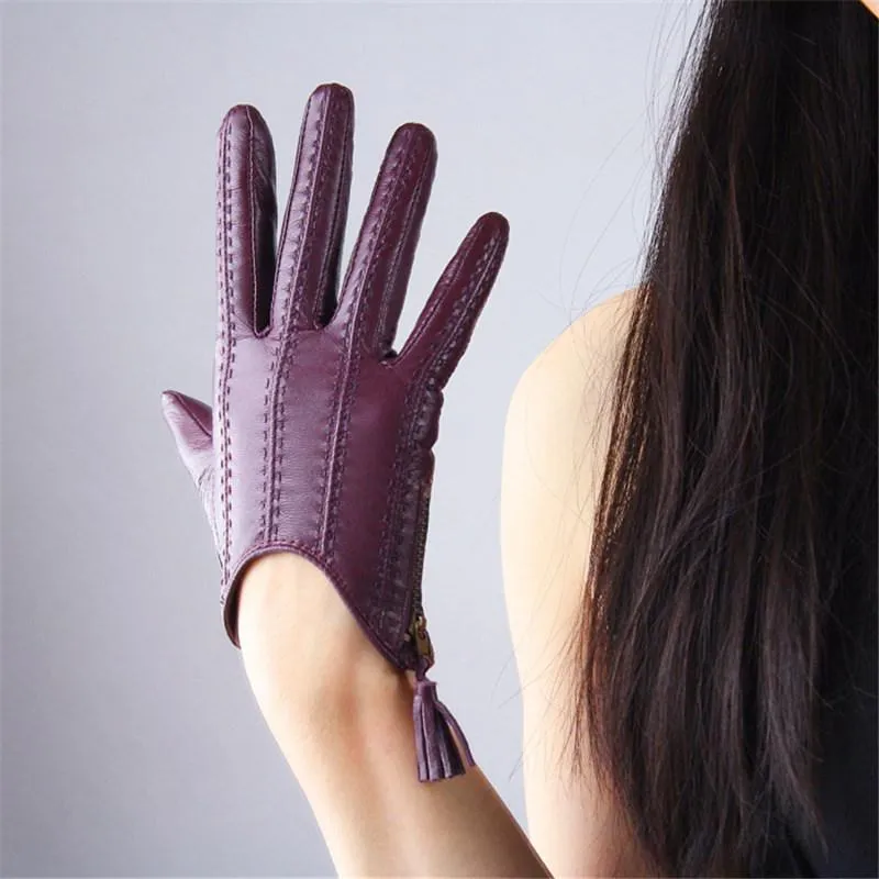 Gants pour écran tactile en cuir véritable, peau de chèvre Pure importée, fermeture éclair, Style court, violet foncé, fonction tactile pour femme, 252Q