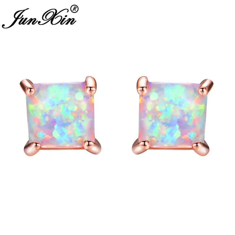 Junxin Green / Blue / White Fire Opal Stud Oorbellen Voor Vrouwen Rose Gold Filled Square Earrings Princess Cut Birthone Earring Gifts