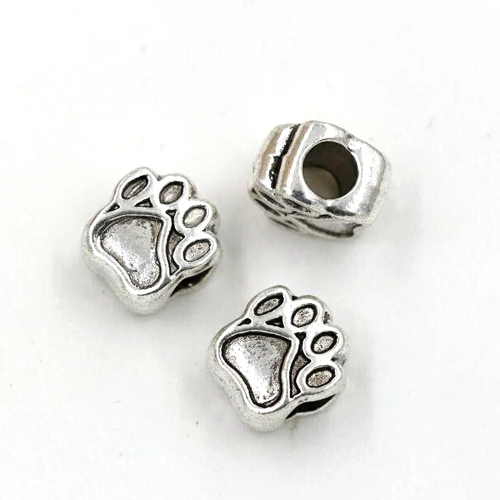 100PC / Massor Antik Silver Zink Alloy Paw Prints Spacers Big Hole Pärlor för smycken gör armband halsband DIY Tillbehör