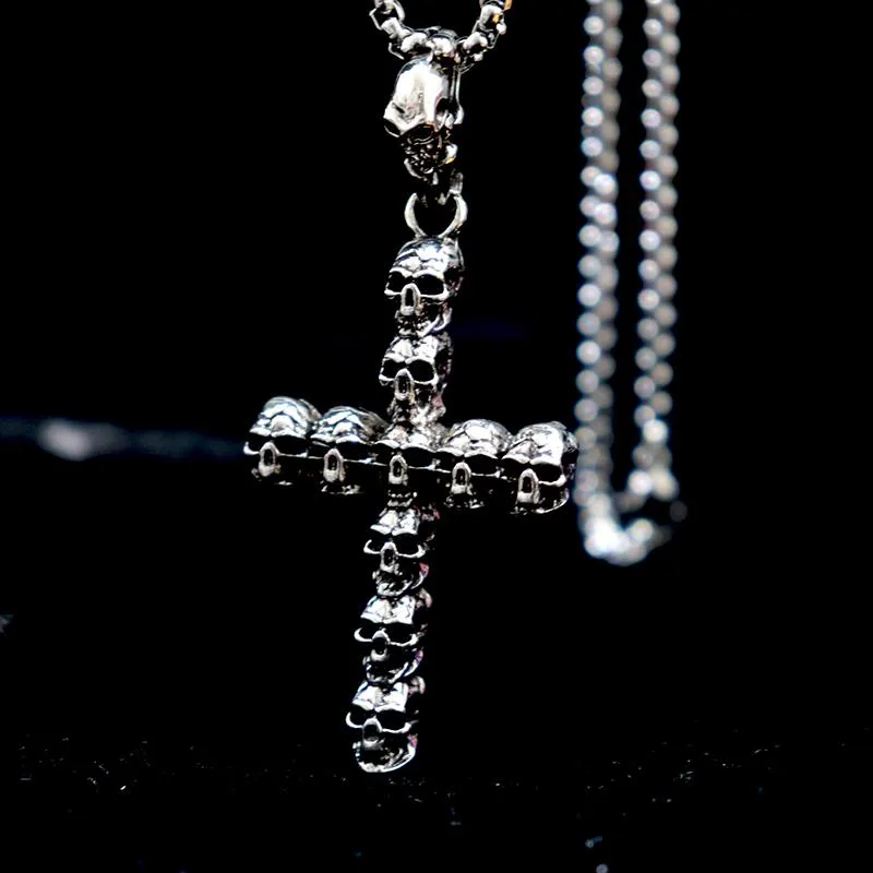 Punk Antique Silver Color Cross Pendant Necklace Skull Design Cruz Necklace For Men Boy Hip Hop Jewelry Homme