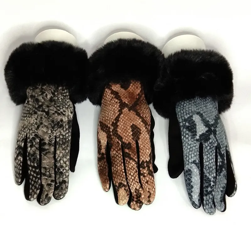 Fashion Winter Winter Warm suede touchscreen Globe vrouwelijke faux rabit bont slangpatroon plus fluwelen dikke rijhandschoenen