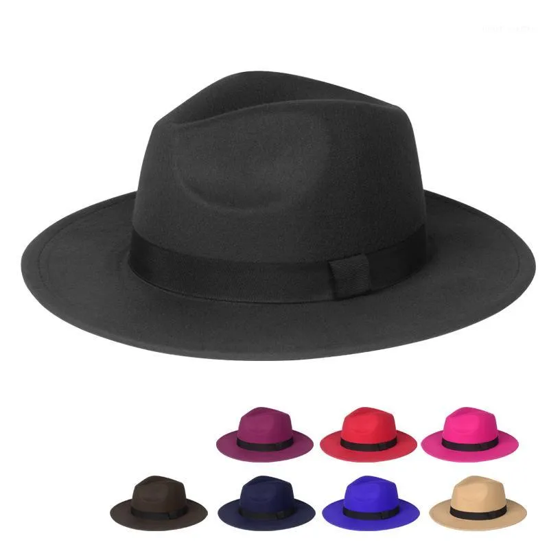 Breda brim hattar fedora hatt män kvinnor imitation ull vinter kände mode svart topp jazz fedoras chapeau1