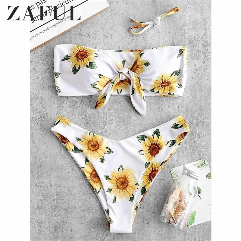 Zaful Sunflower Imprimir Nó Bandeau Biquini Jogo Strapless Fio Livre Nadada Terno Floral Banhando Terno Mulheres Verão Bonito Swimwear T200508