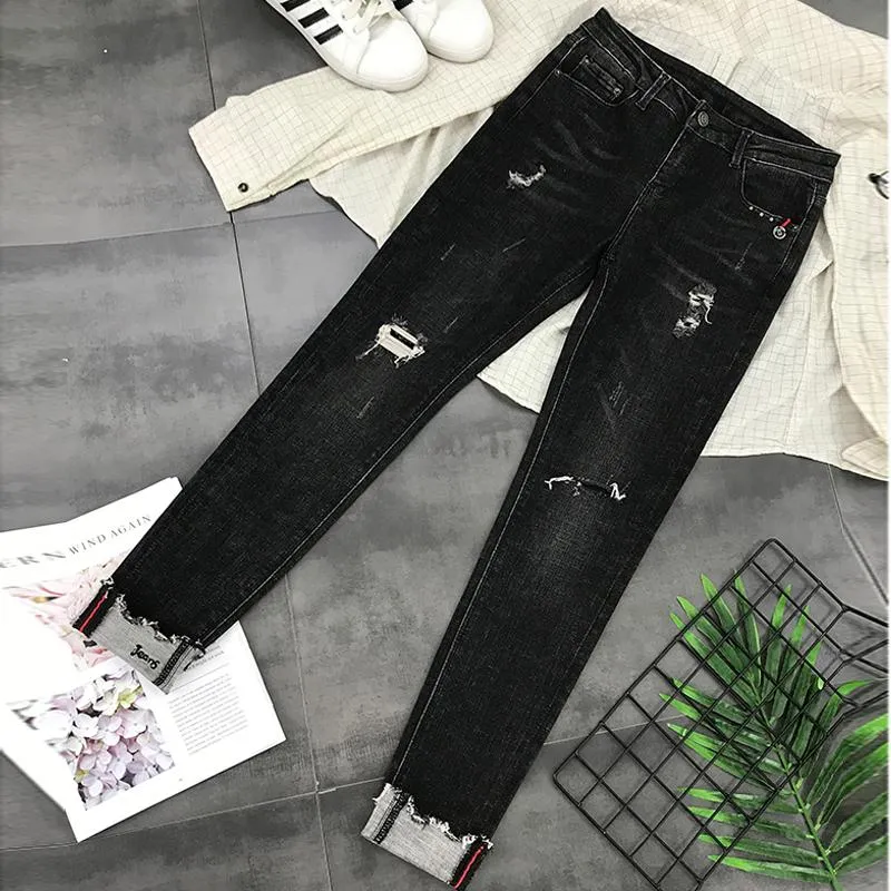 Kvinnors Jeans Höstmuffar Ripped High Waist Broderi Rivet Skinny Harem Pants Plus Size Ladies Ankel Längd Cowboy med hål