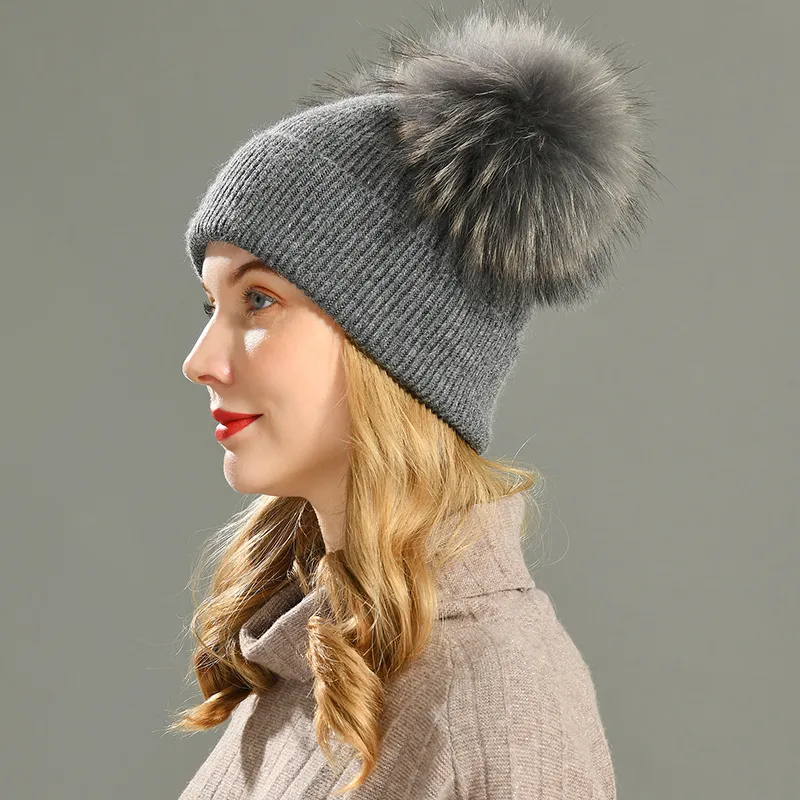 Autumn Cashmere Textured Hat with Raccoon Pom Pom Gray Cashmere Blend Autumn Cashmere Textured Hat with Raccoon fur Pom Pom Gray  main image 3