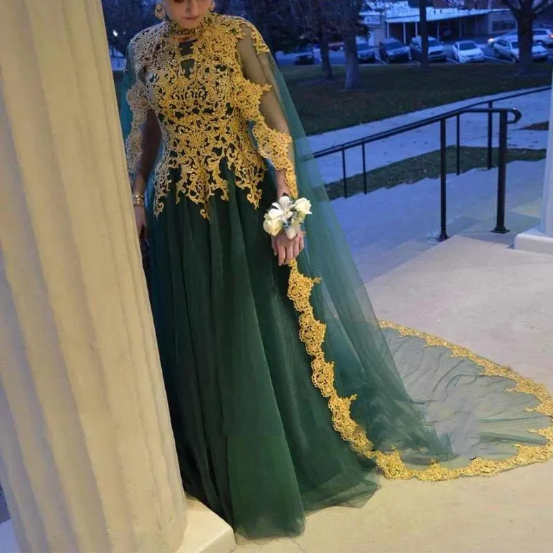 Elegant Evening muçulmana Vestidos O-Pescoço apliques verde esmeralda e Vestido dourado longo Prom Dresses árabe marroquino Kaftan Tulle partido