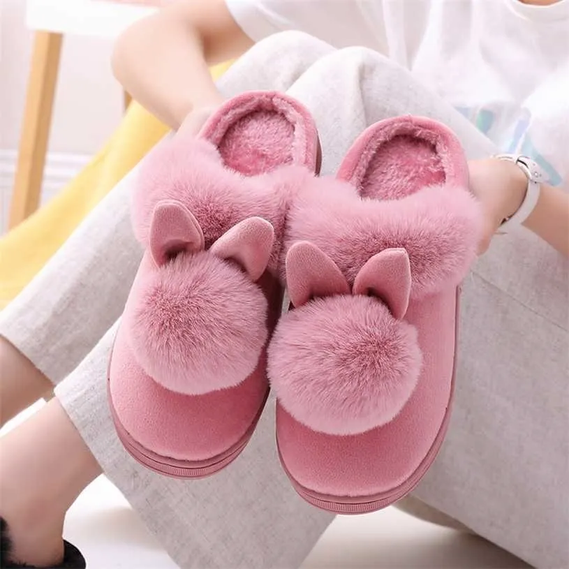 Cartoon Women Home Slippers Rabbit Ears Slip On Soft Soled Winter Warm House Mute Shoes Ladies Girls Indoor Outdoor Fur Slides 211229