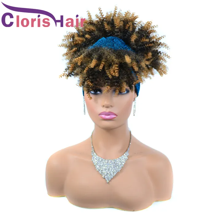 Kort Afro Kinky Curly Headband Wig 1B / 27 Blond Ombre Full Machine Made Syntetic Hair Scarf Paryk för Black Women Wrap Head Band Wig