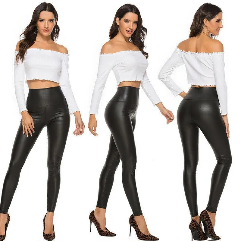 Lederen glanzende sexy leggings voor vrouwen Vadim zomer hoge taille zwart elasty faux broek mujer ropa