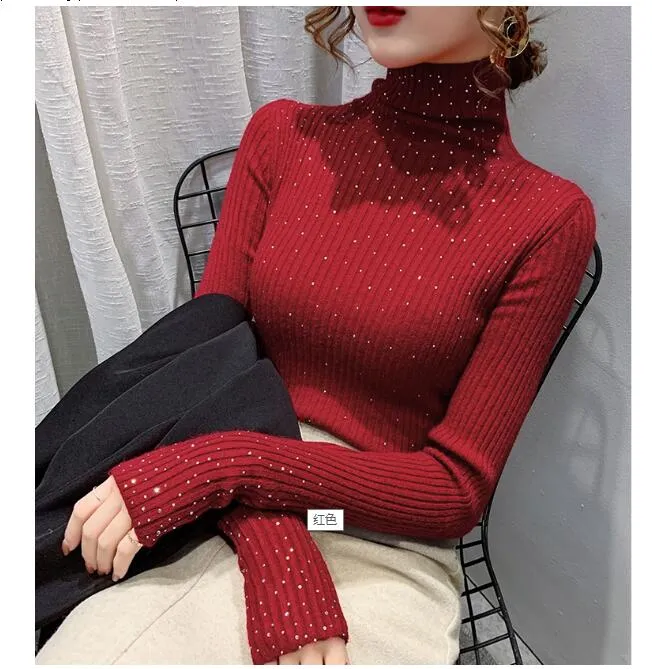 New design women's turtleneck long sleeve stretchy fabric knitted rhinestone patched shinny bling sweater top shirt pullover 240n