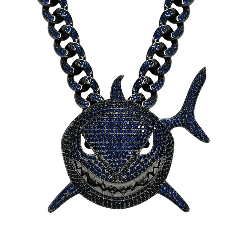 Cool Mens Hip Hop Naszyjnik Pozłacany Lód Out Bling Blue CZ Shark Wisiorek z CZ Cuban Chain dla mężczyzn Punk Biżuteria Prezent