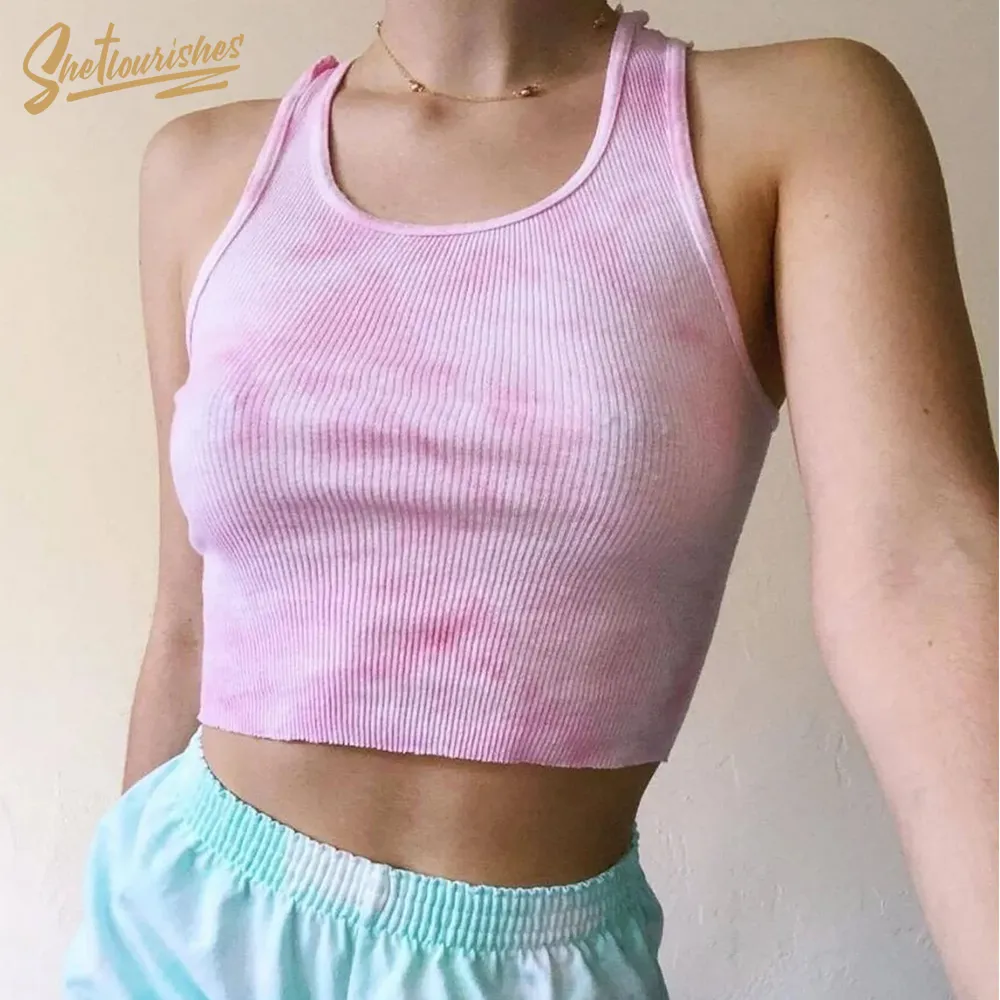 Sheflourishes Womens Tie-dye Tank Top Skinny Sleeveless Cropped Top Sexy Mujer Pink Tshirt Casual Tracksuit Chic Camis Summer BM