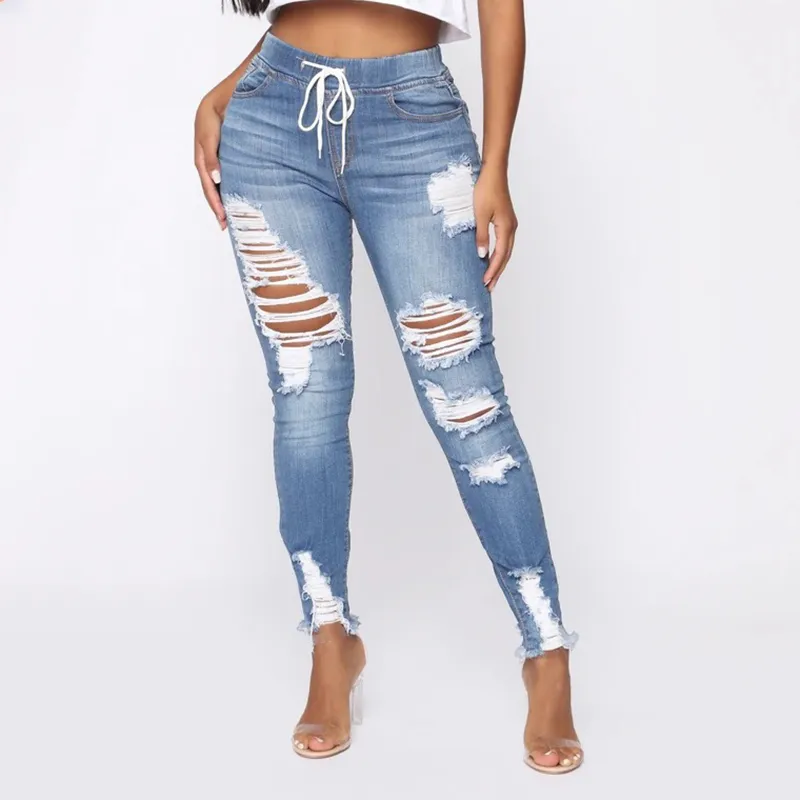 Zerrissene Jeans für Damen, Vintage-Stil, Distressed-Jeans mit Kordelzug, elastischer Taille, Stretch, Skinny-Loch-Denim-Hose, knöchellang