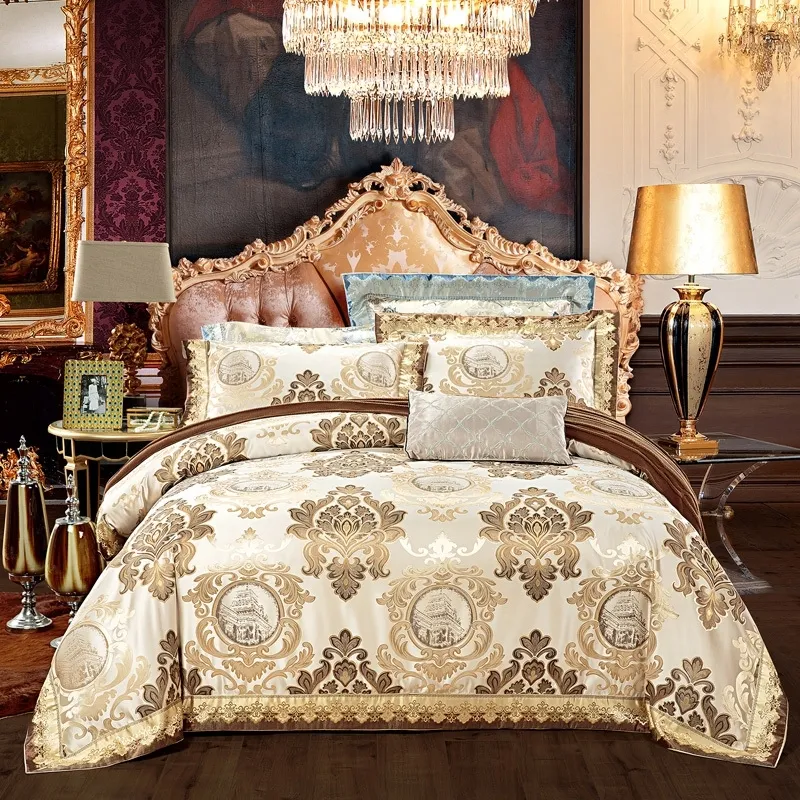 Avrupa tarzı altın jakarlı saten lüks yatak takımları / yatak örtüsü kraliçe kral nevresim çarşaf sac seti yastık kılıfı 201120