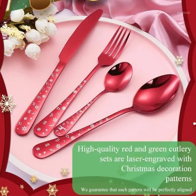 Christmas tableware stainless steel spoon fork cartoon Christmas tree snowflake bell pattern kitchen tableware set with gift box red green1