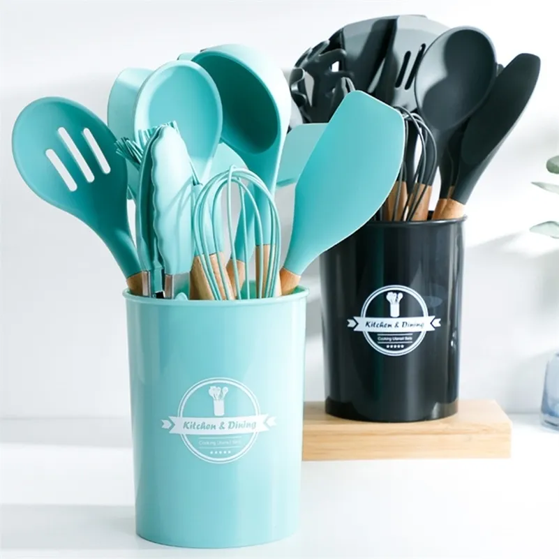 9-13PCS Outils de cuisson en silicone Ustensiles de cuisine Ensemble d'accessoires avec boîte de rangement Spatule à pince avec manche en bois Batterie de cuisine antiadhésive 201223