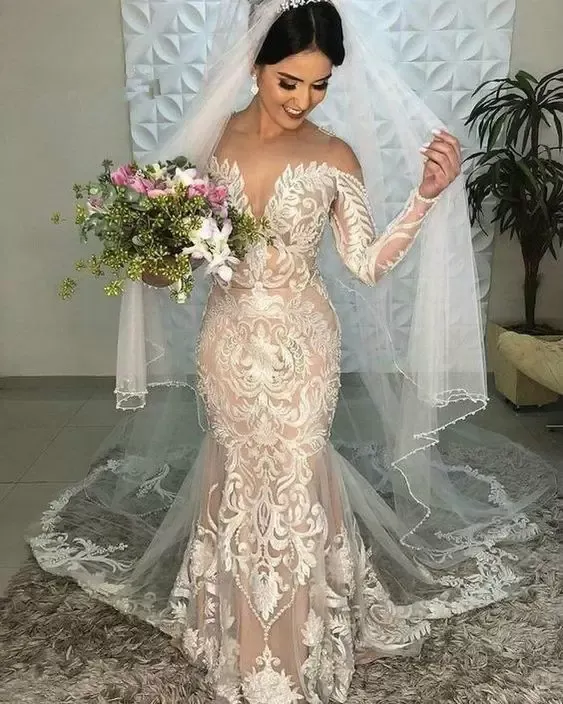 Elegante Vestido De Novia De Sirena De Encaje Bohemio Con Cuello