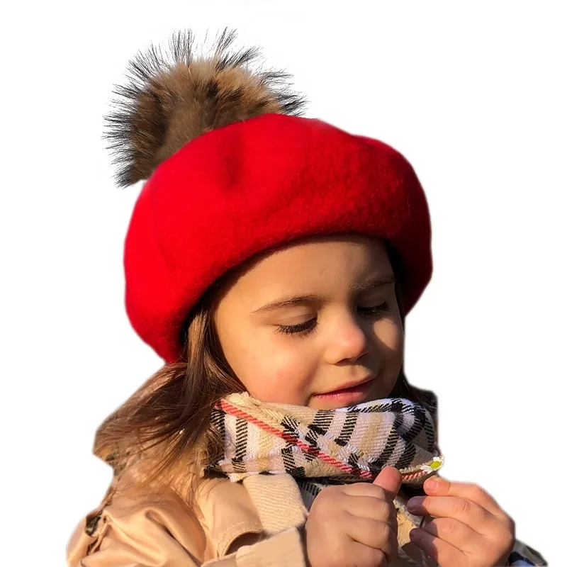 Nieuwe herfst winter dikke wol baret gilrs 15 cm echte bont pompom baret hat voor kinderen vrouwen elegante vintage beanie cap y201024