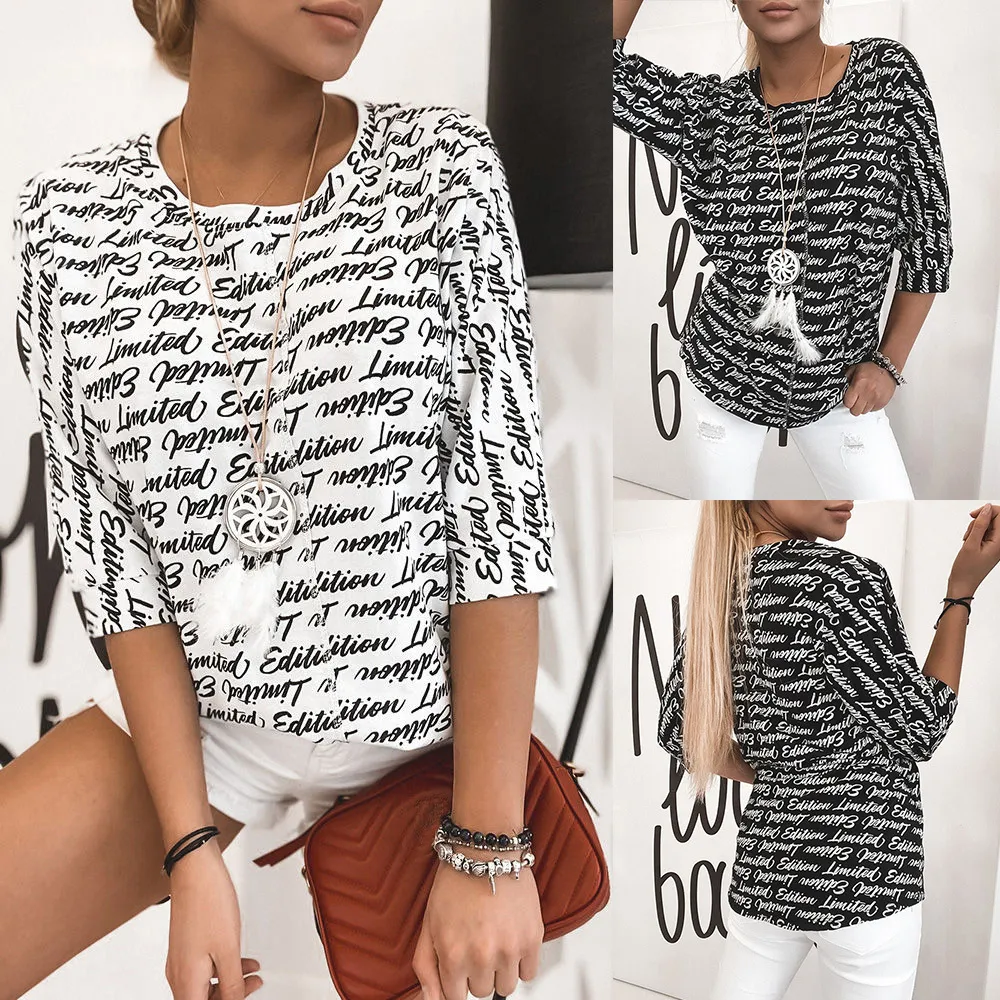 Women Fashion Letter Print O-neck Half Sleeve T-shirt Top Summer 2020 New Casual Loose Tee Black Pullovers Top Streetwear Female