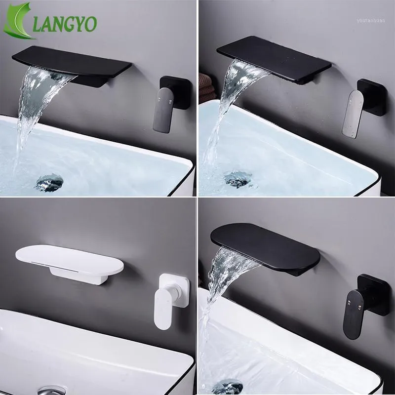 Rubinetti per lavandino del bagno LANGYO Miscelatore per lavabo a parete Miscelatore a cascata Piattaforma con mensola grande Nero opaco Rubinetto di qualità bianco1